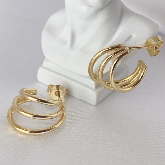 [18k Gold Plated] Triple Line Stud Earrings - Picture 2 of 9